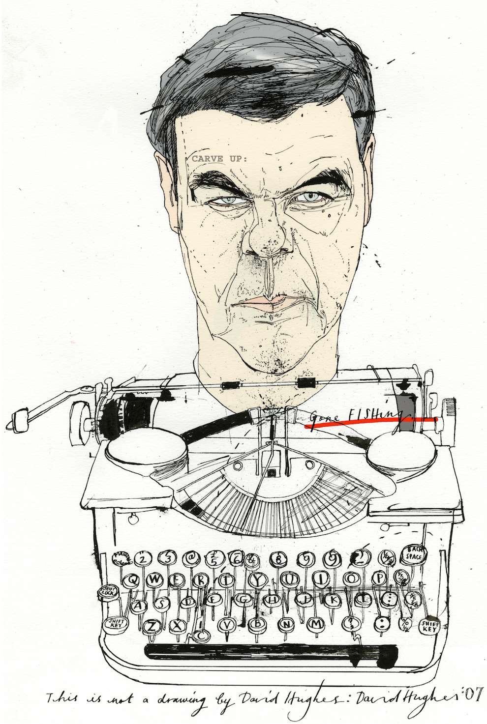 David Hughes, Caricatural portrait of a man's face on a typewriter. Line art sketch illustration  	